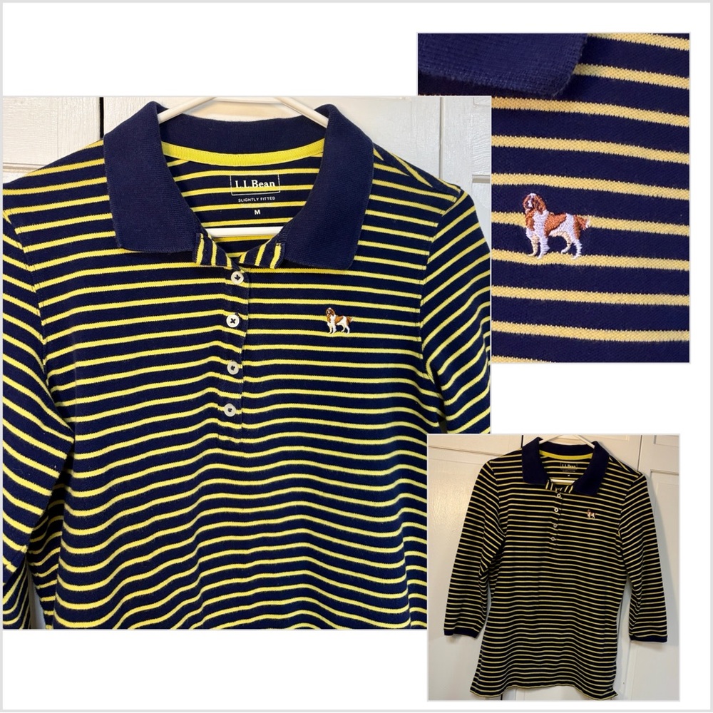 LL Bean Women’s Signature Polo w Setter or Spaniel M Slightly Fitted 3/4 Sleeve